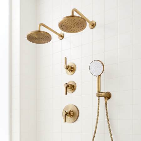 Signature Hardware Greyfield Thermostatic Shower System with Dual Rainfall Shower Heads, Hand Shower, Hose, Valve Trim and Diverter - Rough-In Valve Included Aged Brass