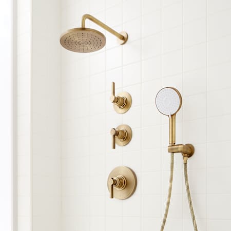 Signature Hardware Greyfield Thermostatic Shower System with Rainfall Shower Head, Hand Shower, Hose, Valve Trim and Diverter - Rough-In Valve Included Aged Brass