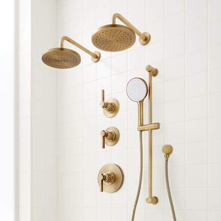 Signature Hardware Greyfield Thermostatic Shower System with Dual Rainfall Shower Heads, Hand Shower, Slide Bar, Shower Arm, Hose, and Valve Trim - Rough-In Valve Included Aged Brass