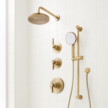 Signature Hardware Greyfield Thermostatic Shower System with Rainfall Shower Head, Hand Shower, Slide Bar, Shower Arm, Hose, and Valve Trim - Rough-In Valve Included Aged Brass