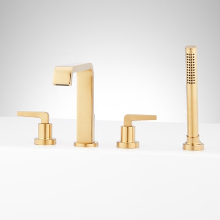 Signature Hardware Drea Deck Mounted Roman Tub Filler with Built-In Diverter - Includes Hand Shower Brushed Gold