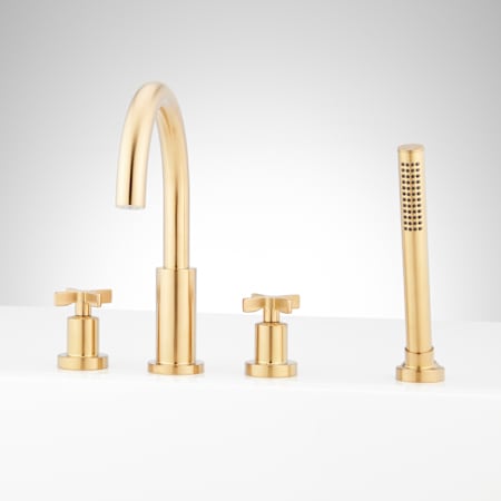 Signature Hardware Vassor Deck Mounted Roman Tub Filler with Built-In Diverter - Includes Hand Shower Brushed Gold