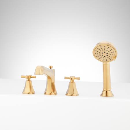 Signature Hardware Elita Deck Mounted Roman Tub Filler with Built-In Diverter - Includes Hand Shower Brushed Gold