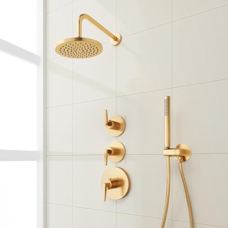 Signature Hardware Drea Thermostatic Shower System with Rainfall Shower Head, Hand Shower, Shower Arm, Hose, and Valve Trim - Rough-In Valve Included Brushed Gold