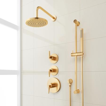 Signature Hardware Drea Thermostatic Shower System with Rainfall Shower Head, Hand Shower, Slide Bar, Shower Arm, Hose, and Valve Trim - Rough-In Valve Included Brushed Gold