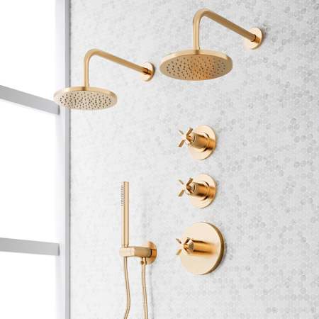 Signature Hardware Vassor Thermostatic Shower System with Dual Rainfall Shower Heads, Hand Shower, Shower Arm, Hose, and Valve Trim - Rough-In Valve Included Brushed Gold