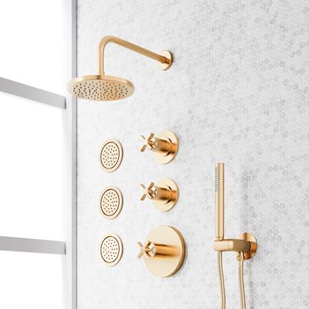 Signature Hardware Vassor Thermostatic Shower System with Rainfall Shower Head, Hand Shower, Bodysprays, Shower Arm, Hose, and Valve Trim - Rough-In Valve Included Brushed Gold