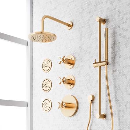 Signature Hardware Vassor Thermostatic Shower System with Rainfall Shower Head, Hand Shower, Slide Bar, Bodysprays, Shower Arm, Hose, and Valve Trim - Rough-In Valve Included Brushed Gold