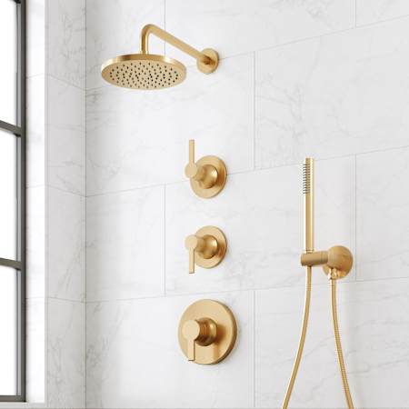 Signature Hardware Lentz Thermostatic Shower System with Rainfall Shower Head, Lever Handles, Hand Shower, Shower Arm, Hose, and Valve Trim - Rough-In Valve Included Brushed Gold