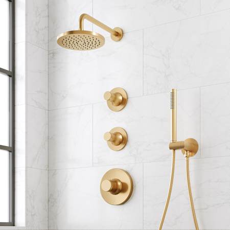 Signature Hardware Lentz Thermostatic Shower System with Rainfall Shower Head, Knob Handles, Hand Shower, Shower Arm, Hose, and Valve Trim - Rough-In Valve Included Brushed Gold