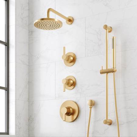 Signature Hardware Lentz Thermostatic Shower System with Rainfall Shower Head, Lever Handles, Hand Shower, Slide Bar, Shower Arm, Hose, and Valve Trim - Rough-In Valve Included Brushed Gold
