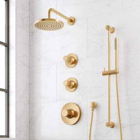 Signature Hardware Lentz Thermostatic Shower System with Rainfall Shower Head, Knob Handles, Hand Shower, Slide Bar, Shower Arm, Hose, and Valve Trim - Rough-In Valve Included Brushed Gold