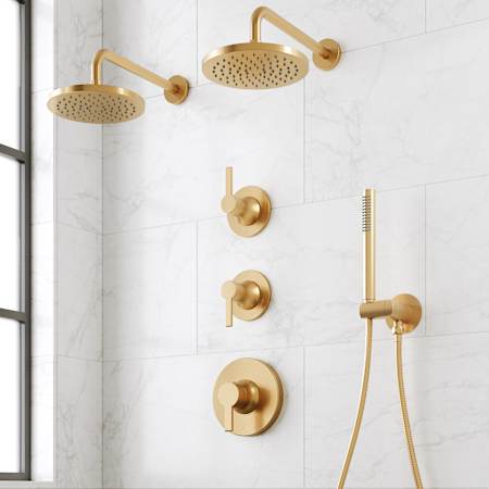 Signature Hardware Lentz Thermostatic Shower System with Dual Rainfall Shower Heads, Lever Handles, Hand Shower, Shower Arm, Hose, and Valve Trim - Rough-In Valve Included Brushed Gold