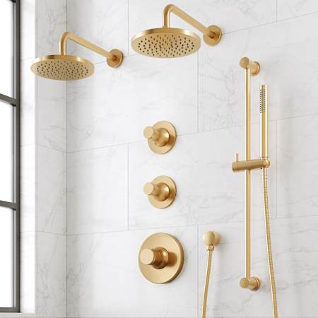 Signature Hardware Lentz Thermostatic Shower System with Dual Rainfall Shower Heads, Knob Handles, Hand Shower, Slide Bar, Shower Arm, Hose, and Valve Trim - Rough-In Valve Included Brushed Gold