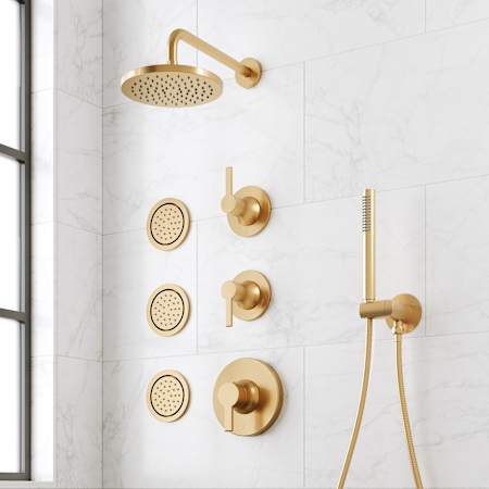 Signature Hardware Lentz Thermostatic Shower System with Rainfall Shower Head, Knob Handles, Hand Shower, Bodysprays, Shower Arm, Hose, and Valve Trim - Rough-In Valve Included Brushed Gold