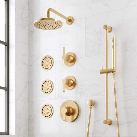 Signature Hardware Lentz Thermostatic Shower System with Rainfall Shower Head, Lever Handles, Hand Shower, Slide Bar, Bodysprays, Shower Arm, Hose, and Valve Trim - Rough-In Valve Included Brushed Gold