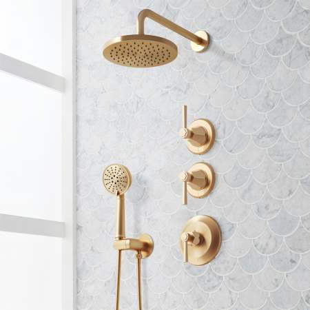 Signature Hardware Elita Thermostatic Shower System with Rainfall Shower Head, Hand Shower, Shower Arm, Hose, and Valve Trim - Rough-In Valve Included Brushed Gold