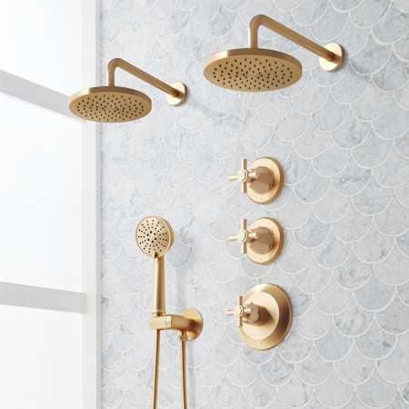 Signature Hardware Elita Thermostatic Shower System with Dual Rainfall Shower Heads, Hand Shower, Shower Arm, Hose, and Valve Trim - Rough-In Valve Included Brushed Gold