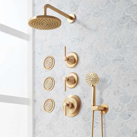 Signature Hardware Elita Thermostatic Shower System with Rainfall Shower Head, Hand Shower, Bodysprays, Shower Arm, Hose, and Valve Trim - Rough-In Valve Included Brushed Gold
