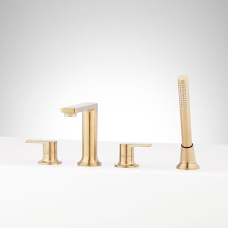 Signature Hardware Berwyn Deck Mounted Tub Filler with Built-In Diverter - Includes Hand Shower and Rough-In Valve Brushed Gold
