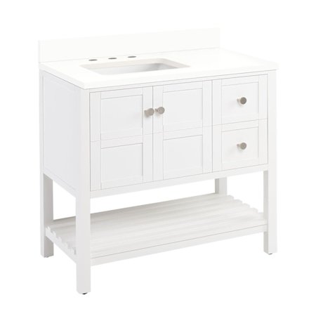 Signature Hardware Olsen 36" Single Vanity Set with Wood Cabinet, Quartz Vanity Top, and Rectangular Sink - 1-1/2" Faucet Holes Soft White / Arctic White