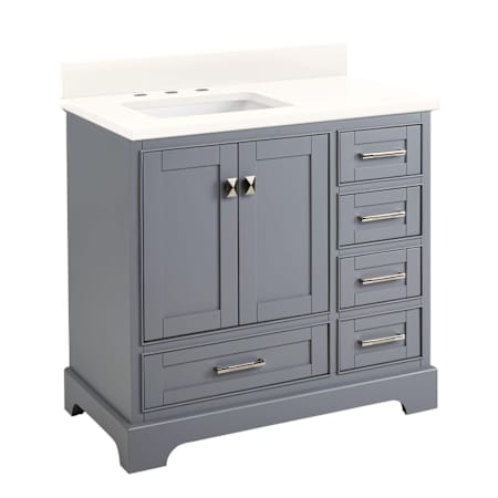 Signature Hardware Quen 36" Single Vanity Set with Wood Cabinet, Quartz Vanity Top, and Rectangular Sink - 3" Faucet Holes Gray / Arctic White