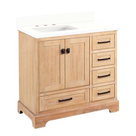 Signature Hardware Quen 36" Single Vanity Set with Wood Cabinet, Quartz Vanity Top, and Rectangular Sink - 3" Faucet Holes Driftwood Brown / Arctic White