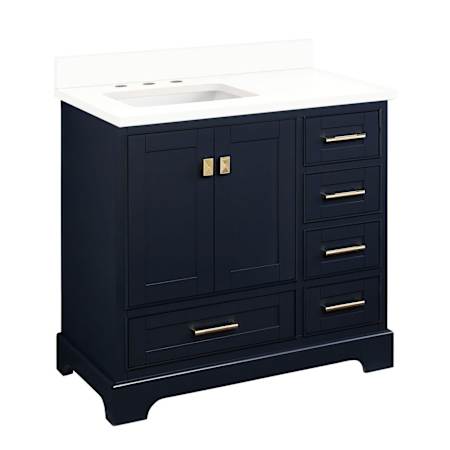 Signature Hardware Quen 36" Single Vanity Set with Wood Cabinet, Quartz Vanity Top, and Rectangular Sink - 3" Faucet Holes Midnight Navy Blue / Arctic White