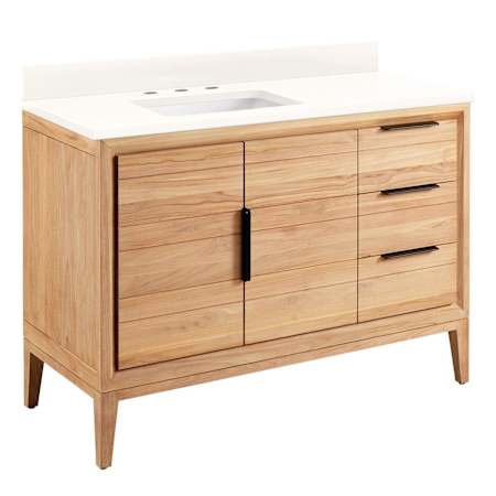 Signature Hardware Aliso 48" Freestanding Teak Single Basin Vanity Set with Cabinet, Vanity Top, and Rectangular Undermount Sink - 8" Widespread Faucet Holes Natural Teak / Arctic White