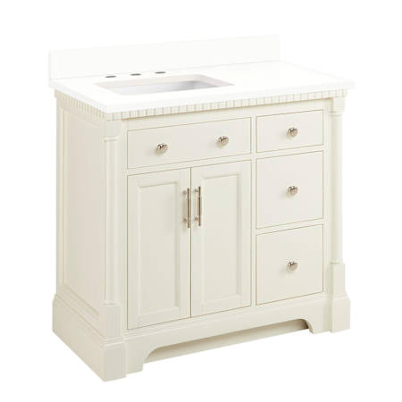 Signature Hardware Claudia 36" Single Vanity Set with Mahogany Cabinet, Quartz Vanity Top, and Rectangular Sink - 3" Faucet Holes Antique White / Arctic White Quartz
