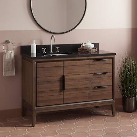 Signature Hardware Aliso 48" Freestanding Teak Single Basin Vanity Set with Cabinet, Vanity Top, and Rectangular Undermount Sink - 8" Widespread Faucet Holes Java / Carbon Black