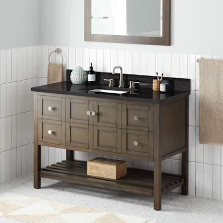 Signature Hardware Olsen 48" Freestanding Single Basin Vanity Set with Cabinet, Vanity Top, and Rectangular Undermount Sink - 8" Faucet Holes Ash Brown / Carbon Black