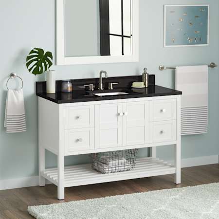 Signature Hardware Olsen 48" Single Vanity Set with Wood Cabinet, Quartz Vanity Top, and Rectangular Sink - 1-1/2" Faucet Holes Soft White / Carbon Black