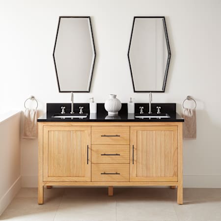 Signature Hardware Ayanna 60" Freestanding Mindi Wood Double Basin Vanity Set with Cabinet, Vanity Top and Rectangular Undermount Sinks - 8" Faucet Holes Natural Mindi / Carbon Black