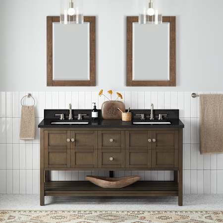 Signature Hardware Olsen 60" Freestanding Double Basin Vanity Set with Cabinet, Vanity Top, and Rectangular Undermount Sinks - 8" Faucet Holes Ash Brown / Carbon Black