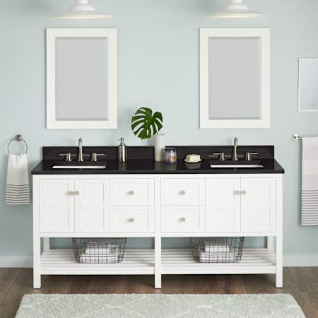 Signature Hardware Olsen 72" Double Vanity Set with Wood Cabinet, Quartz Vanity Top, and Rectangular Sinks - 1-1/2" Faucet Holes Soft White / Carbon Black