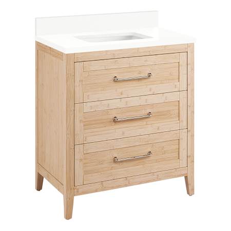 Signature Hardware Arrietty 30" Freestanding Bamboo Single Basin Vanity Set with Cabinet, Vanity Top, and Rectangular Undermount Sink - No Faucet Holes Natural Bamboo / Arctic White