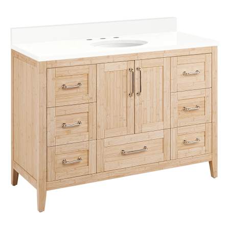 Signature Hardware Arrietty 48" Freestanding Bamboo Single Basin Vanity Set with Cabinet, Vanity Top, and Oval Undermount Sink - 8" Widespread Faucet Holes Natural Bamboo / Arctic White