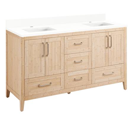 Signature Hardware Arrietty 60" Freestanding Bamboo Double Basin Vanity Set with Cabinet, Vanity Top, and Rectangular Undermount Sinks -Double Faucet Hole Natural Bamboo / Arctic White