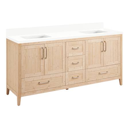 Signature Hardware Arrietty 72" Freestanding Bamboo Double Basin Vanity Set with Cabinet, Vanity Top, and Rectangular Undermount Sinks - No Faucet Holes Natural Bamboo / Arctic White