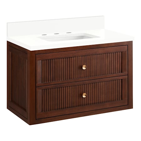 Signature Hardware Nikolai 30" Wall Mounted Mahogany Single Basin Vanity Set with Cabinet, Vanity Top, and Rectangular Under Mounted Sink - 8" Faucet Holes Winterland Walnut / Arctic White