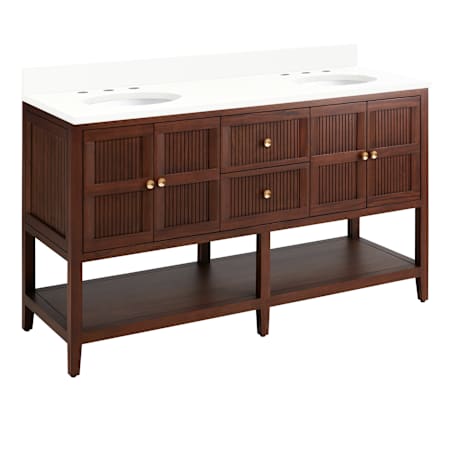 Signature Hardware Nikolai 60" Freestanding Mahogany Double Basin Vanity Set with Cabinet, Vanity Top, and Oval Undermount Sinks - 8" Faucet Holes Winterland Walnut / Arctic White