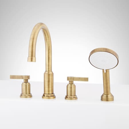 Signature Hardware Greyfield Deck Mounted Roman Tub Filler with Hand Shower - Less Rough-In Valve Aged Brass
