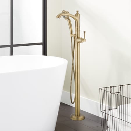 Signature Hardware Beasley Floor Mounted Tub Filler with Hand Shower - Less Rough-In Valve Aged Brass