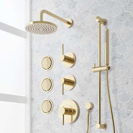 Signature Hardware Lexia Thermostatic Shower System with Rainfall Shower Head, Slide Bar, Hand Shower, Hose, Valve Trim, 3 Bodysprays and Diverter - Rough-In Valve Included Polished Brass