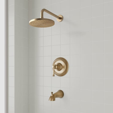 Signature Hardware Beasley Pressure Balanced Tub and Shower Package with Rainfall Shower Head, Valve Trim, and Tub Spout - Accufit Rough-In Valve Included Aged Brass