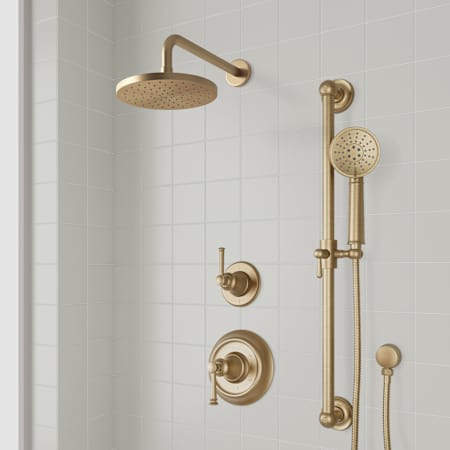 Signature Hardware Beasley Pressure Balanced Shower System with Rain Shower Head, Slide Bar, Hand Shower, Hose, Valve Trim and Diverter - Accufit Rough-In Valve Included Aged Brass