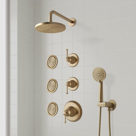 Signature Hardware Beasley Thermostatic Shower System with Rainfall Shower Head, Hand Shower, Hose, 3 Body Sprays, Valve Trim and Diverter - Rough-In Valve Included Aged Brass