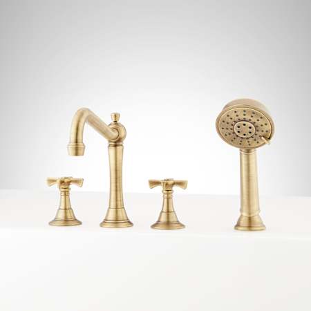Signature Hardware Marceau 4-Hole Deck Mounted Roman Tub Filler Faucet with Cross Handles - Rough-In Valve Included Aged Brass