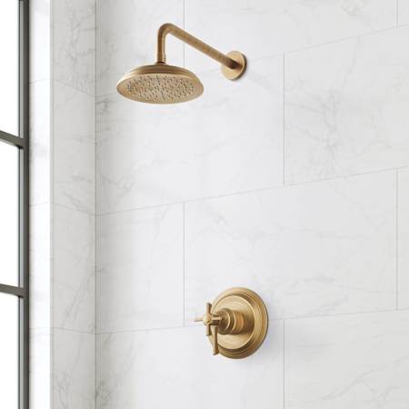 Signature Hardware Marceau Dual Control Pressure Balanced Shower System with Shower Head, Cross Handles, Shower Arm, and Valve Trim - Rough-In Valve Included Aged Brass